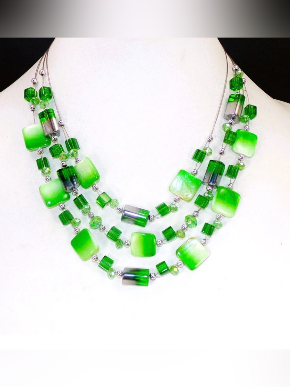 Green shell and glass multi strand beaded necklace , 3 row fashion necklace New